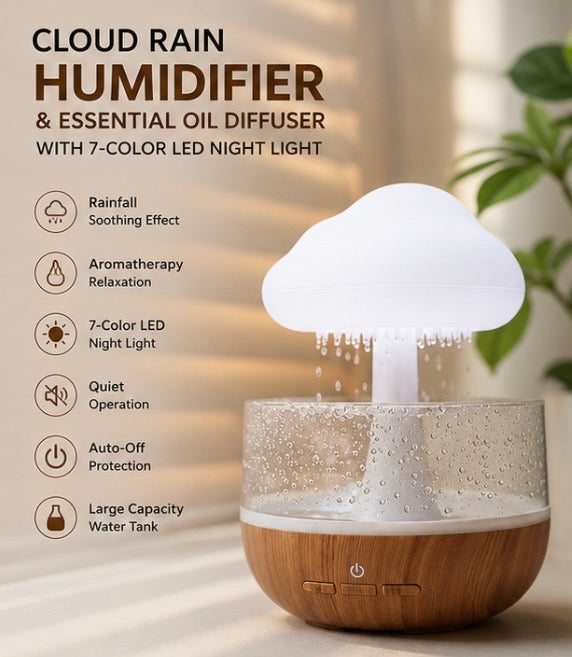 Cloud Rain Humidifier & Essential Oil Diffuser with 7-Color LED Night Light